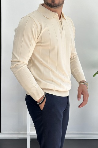 Erkek Yarım Fermuarlı Polo Yaka Mevsimlik Kazak Krem Edw195 Krem