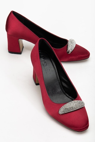 Kadın Siletto Topuklu Ayakkabı Bordo Saten Taşlı Kalın Topuklu-4169 Bordo