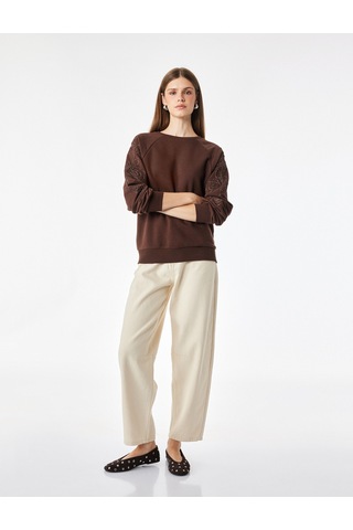 Koton Çiçek Boncuk İşleme Detaylı Uzun Kollu Bisiklet Yaka Sweatshirt Kahverengi 7wak10046ek Kahve