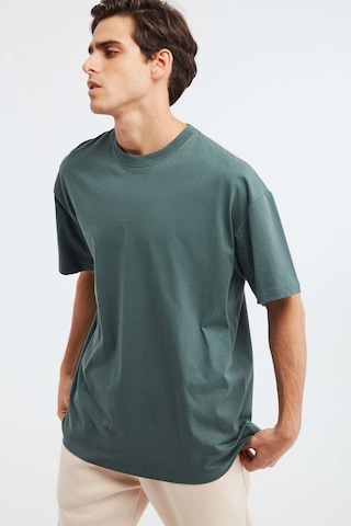 Grimelange Jett Erkek Oversize Fit %100 Organik Pamuk Kalın Dokulu Bisiklet Yakalı Koyu Yeşil T-shirt Koyu Yeşil