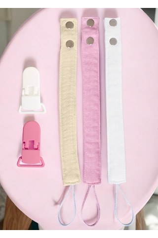 Joyous Mom Kids 3'lü Pamuk Müslin Bebek Emzik Askısı 2 Plastik Klips Bej - Pembe