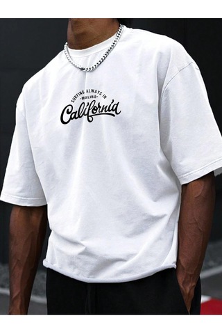 Surfing California T-shirt - Beyaz Baskılı Oversize Bisiklet Yaka Kısa Kol Tişört Beyaz