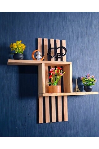 Dekoratif Ahşap Duvar Rafı 60x50 Cm - Çift Taraflı Bant İle Yapıştırılabilir - Modern Kitaplık Bej