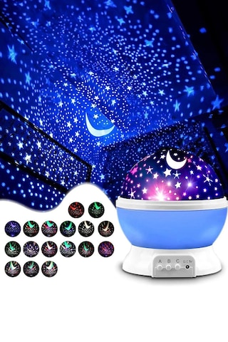 Dekoratif Çocuk Odası Gece Lambası Projeksiyon Dönen Ay Yıldız Mavi