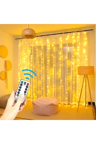 Upway 3x3 Metre Kumandalı 8 Modlu Askılı Usb 300 Led Işıklı Perde Gün Işığı Sarı