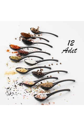 Porsima 0445 12'li Plastik Baharat Kaşığı Seti 11 Cm - Şık Siyah Reçel, Sos Ve Baharatlık Kaşığı Takımı