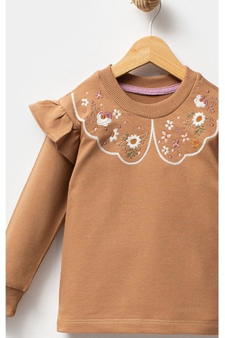 Overdo Kids Fırfırlı Yakası Çiçek Nakışlı 2 İplik Uzun Kol Kız Çocuk Sweatshirt Kahverengi