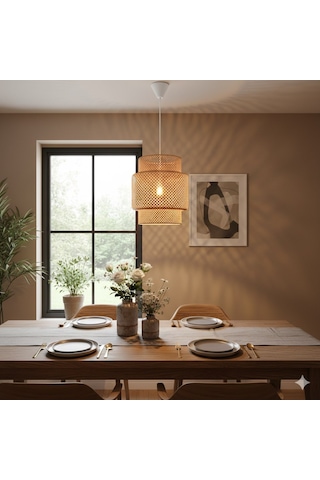 Panalı Dekoratif Doğal Rattan Sarkıt Avize 35x40 Cm Kahve - Bej
