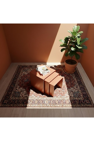Modern Metal Zigon Sehpa Seti Minimal Tasarım İç İçe Geçen Yan Sehpa 3 Lü Set Turuncu