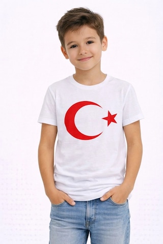 Primemağazam Erkek Çocuk Tişört Bisiklet Yaka Ay Yıldız Bayrak Baskılı T-shirt - Beyaz Çeşitli