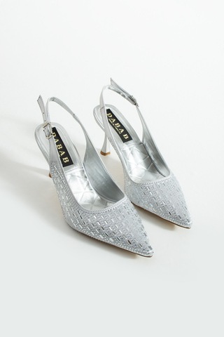 Dabab Shoes Merıa Kadın Gümüş 7 Cm Sivri Burun Kristal Taş İşlemeli Slingback Topuklu Ayakkabı