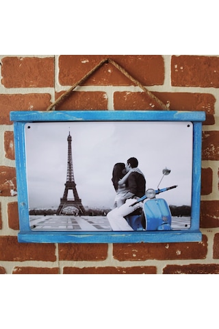 Rustik Ahşap Çerçeveli Vintage Metal Pano Eiffel 20x30