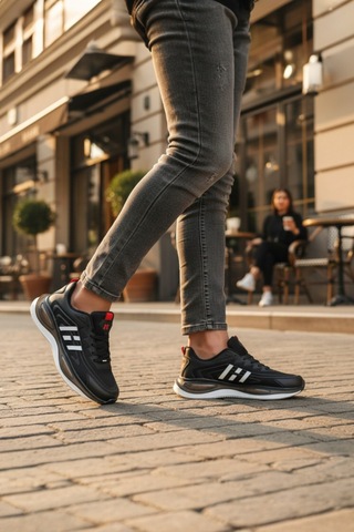 Enoch Erkek Siyah Beyaz Çizgili Sportif Yürüyüş Ayakkabısı - Ortopedik Destekli Sneaker Siyah - Kırmızı