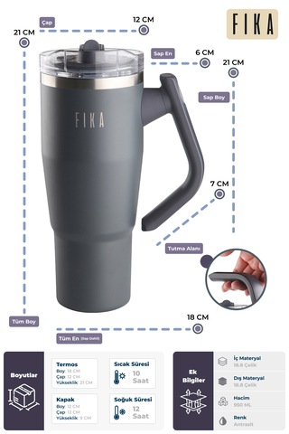 Fika Lumi Patentli Döner Kulplu Sızdırmaz Çift Ağızlıklı Çelik Termos 950 Ml Antrasit