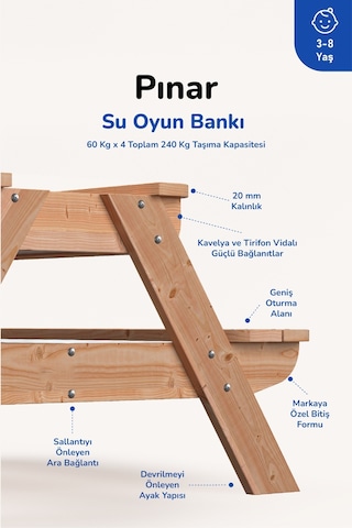 Ovlo Çocuk Su Havuzlu Etkinlik Masası 3-8 Yaş 4 Kişilik Pınar Naturel