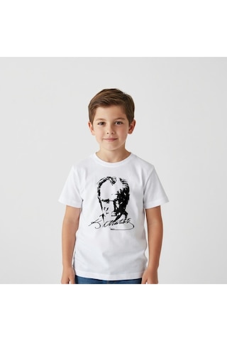 Westicgiyim Atatürk Baskılı Çocuk Tişört Unisex Pamuklu Kısa Kollu Tişört Beyaz