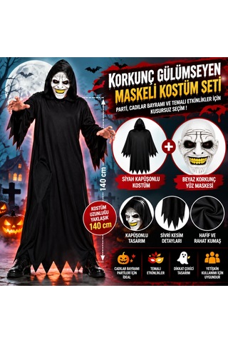 Storeşahin Korkunç Gülümseyen Maskeli Siyah Kapüşonlu Kostüm Seti 140 Cm Shn0720 Diğer