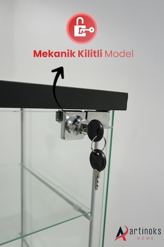 7 Raflı Kilitli Cam Vitrin Dolap Gümüşlük Koleksiyon Sergi Kitaplık Kapaklı Büfe Mutfak Raflı Detolf Siyah