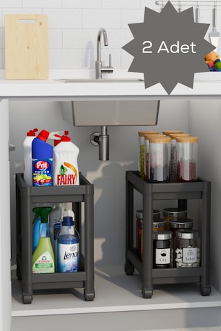 Mithra Life 2 Adet 2 Katlı Tekerlekli Tezgah Altı Siyah Banyo Mutfak Rafı Mıt1122 Siyah