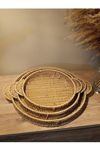 3 Boy Hasır Rattan Örme Tepsi Bambu Kulplu Diğer