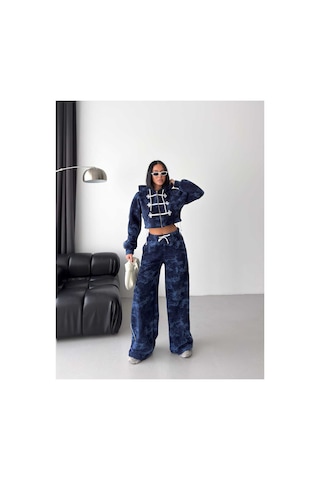 Evoa Kadın Lacivert Kapşonlu Crop Sweat Eşefoman Takım