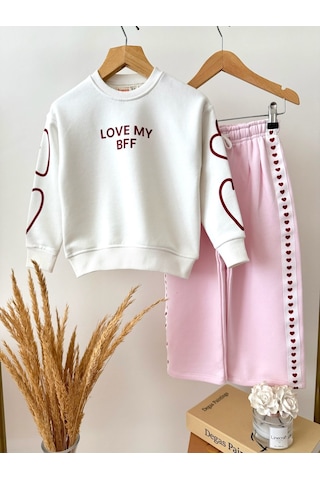 Magu Kız Çocuk Pamuklu Kalp Detaylı Ekru Sweatshirt Ve Pembe Pantolon Takımı Çok Renkli