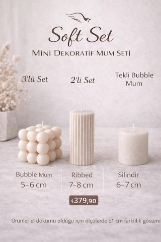 Evcikuş Soft Set 3'lü Dekoratif Mum Seti, Bubble Ribbed Ve Silindir Mum, Minimal Tasarım Hediye Seti Çok Renkli
