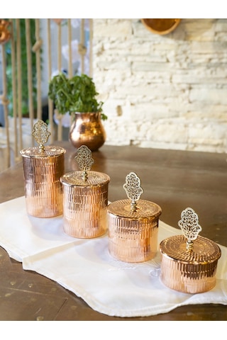 Bakır Baharat Takımı 4 Lü Tırtıklı Model Parlak Bakır