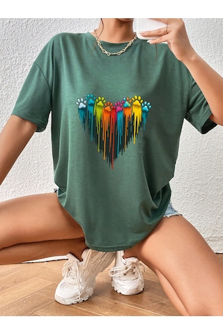 Unisex Sevimli Kedi Patili Kalp Tasarım Basklı Tshirt Yeşil