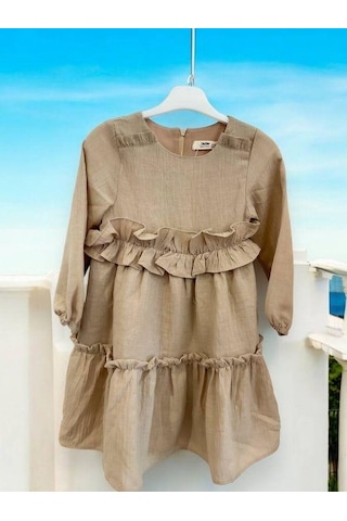 Kız Çocuk Pamuklu Mevsimlik Astarlı Fırfırlı Bol Elbise-14441 Bej