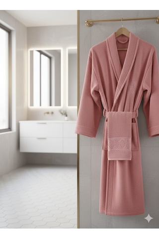 Belinis %100 Pamuk Otel & Spa Kalitesinde Yumuşak Yüksek Su Emici 1 Adet Bornoz 1 Adet 50 X90 Cm Havlu Renk Gri Gülkurusu