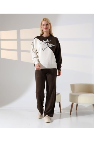 Renk Bloklu Triko Takım Kahverengi - Taş