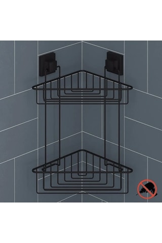 Banyo Köşe Rafı Kendinden Yapışkanlı 2 Katlı Easyfix Siyah Ef257 Siyah