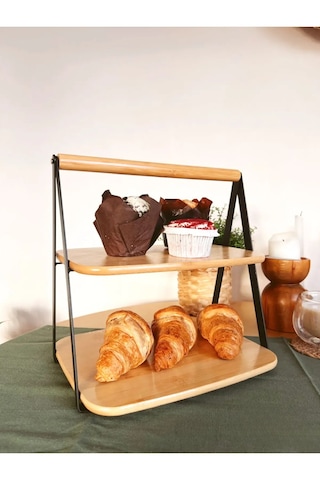 Metal Yan Çerçeveli Bambu 2 Katlı Sunumluk Şık Ve Dayanıklı Mutfak Düzenleyici 33,5 Cm Bambu