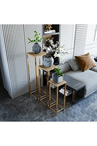 Dekoratif Saksılık 3lü Saksı Standı Gold Ayak Çok Amaçlı Metal Gold Ayaklı Yan Sehpa Saksılık Atlantik Çam