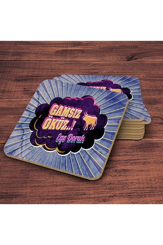 Kişiye Özel Retro Ahşap Bardak Altlığı Gamsız Öküz Duvar Yazılı 1 4 Adet Çok Renkli