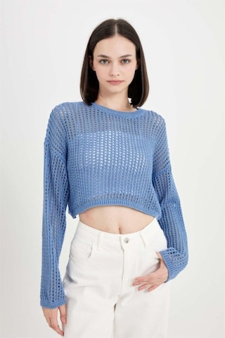 Defacto Regular Fit Bisiklet Yaka Kroşe Ajurlu Delikli Crop Triko Kazak T4513AZ24AUBE113 Mavi