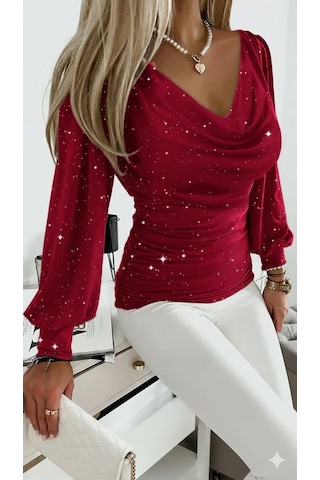 Moderie Butik Kadın Uzun Kollu Degaje Yaka Taşlı Sandy Bluz Kırmızı