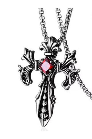 Paslanmaz Çelik Kırmızı Zirkon Taşlı Gotik Haç Kolye