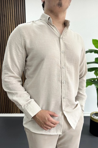 Edwox Erkek Keten Karışımlı Slim Fit Gömlek Bej Edw499