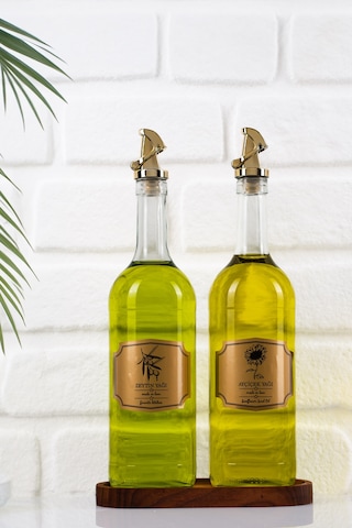Moss 2'li Ahşap Stantlı Damlatmaz Zeytinyağı Sıvıyağ Şişesi Cam Yağdanlık Seti 1000 Ml 1000ml