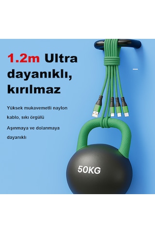 3 Lü 1.2m 6a 66w Hızlı Şarj Kablosu 300% Daha Hızlı 6 Çipli 2000+ Bükülme Testli 1.2M 3ın1