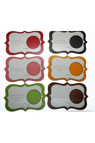 Ahşap Mdf Lazer Kesim Renkli Beyaz 6 Lı Kahve Fincan Atlığı, Bardak Altlığı, Sunum Çok Renkli