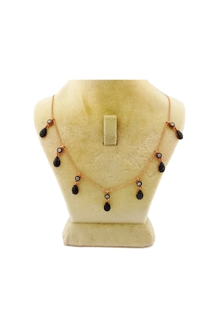 Pigado 925 Ayar Gümüş Damla Kolye Siyah Taşlı Rose Gümüş