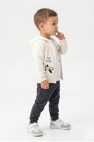 Toontoy Kids Toontoy Erkek Çocuk 3'lü Eşofman Takımı Uzun Kollu Bisiklet Yaka Nakışlı T-shirt - Kapüşonlu Fermuarlı Hırka- Beli Paçası Lastikli Eşofman Altı 25052 Füme