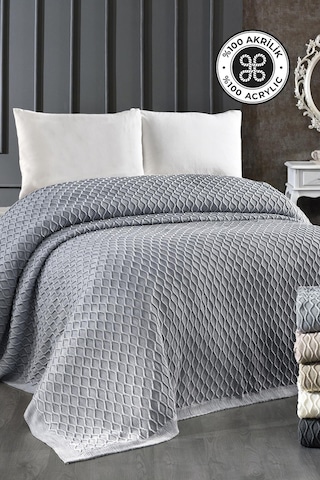 Akrilik Örgü Battaniye Çift Kişilik 220 X 240 Cm Yatak Örtüsü Pike Poly Gri