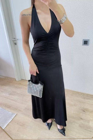 Sırt Dekolteli Uzun Elbise - Siyah Siyah