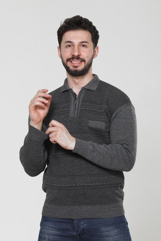 Kzc Tekstil Erkek Baba Orta Yaş Ve Üzeri Triko Örgü Akrilik Kışlık Regular Fit Cepli Fermuarlı Polo Yaka Kazak Gri