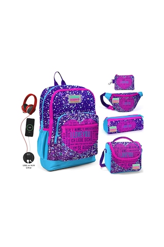 Coral High Mor Mavi Kalp Usb Soketli Beşli Okul Çantası Seti - Kız Çocuk Mavi