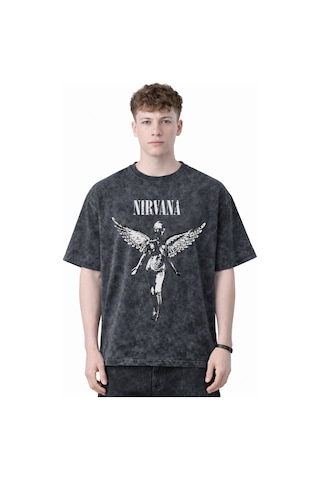 Sevbano Nirvana Rock Metal Müzik Grubu Baskılı Unisex Oversize Eskitme Yı Siyah